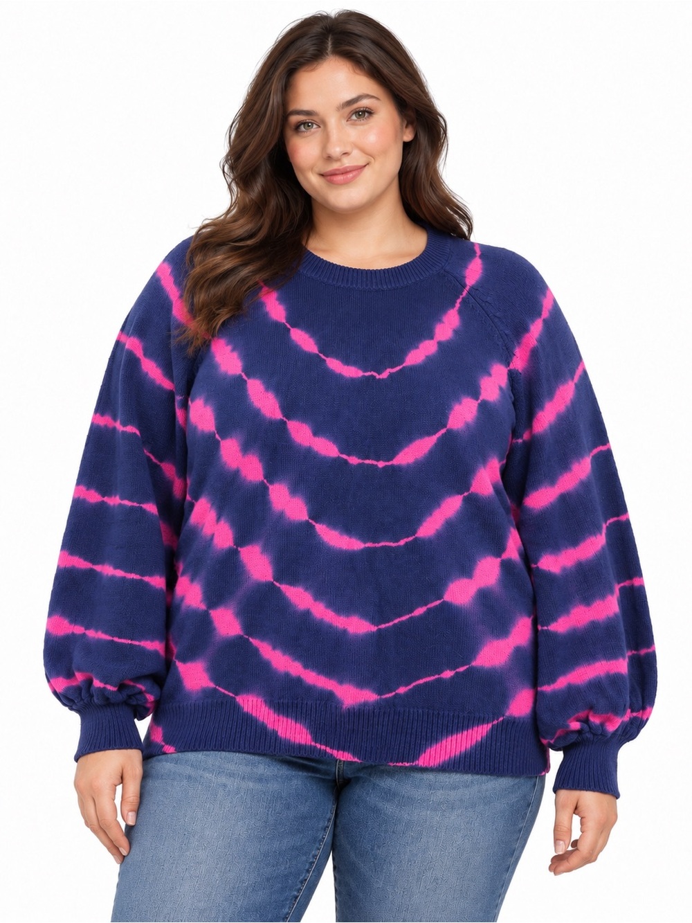 Umgee Navy and Hot Pink Tie-Dye Crewneck Sweater